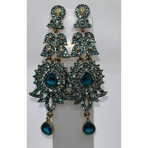 Earrings Gold Tone Blue Faceted Rhinestones Shoulder‎ Dusters Glitz Statement